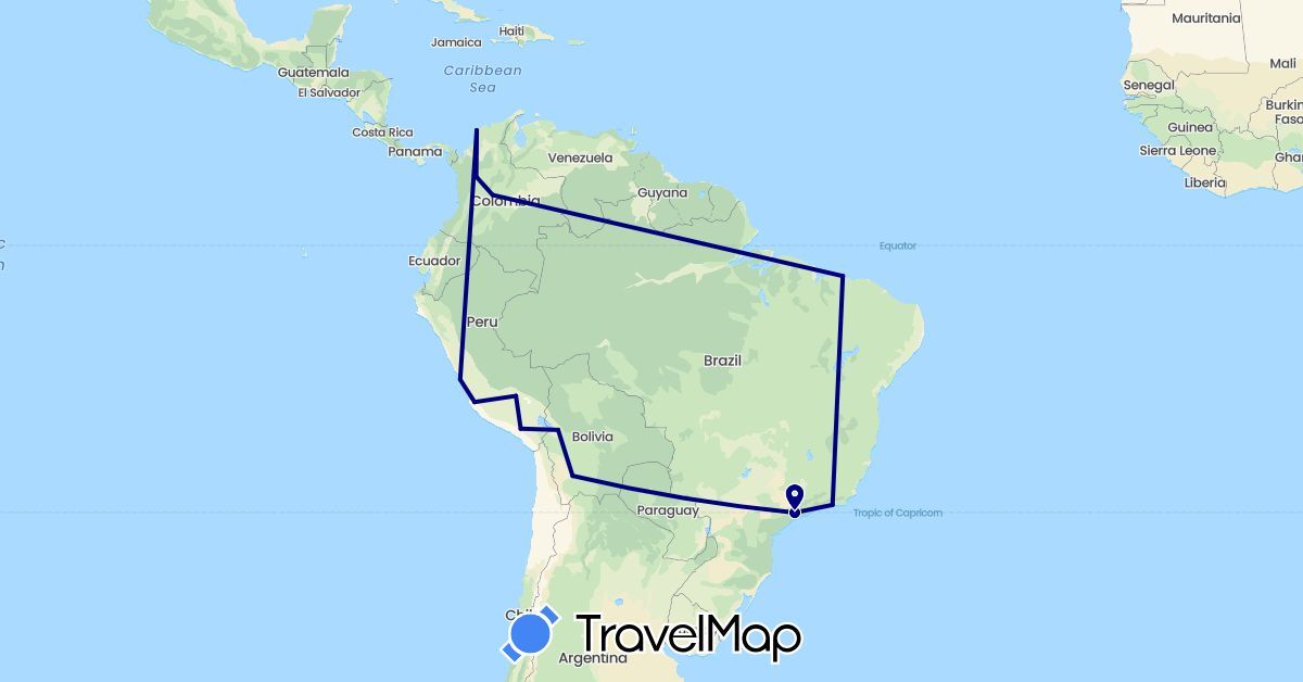 TravelMap itinerary: driving in Bolivia, Brazil, Colombia, Peru (South America)